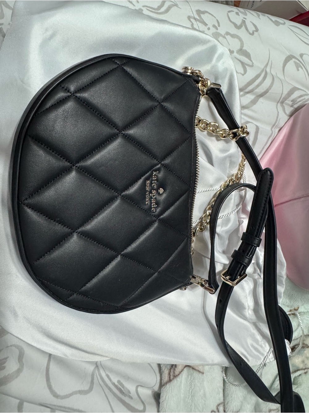 kate spade Black Quilted Leather Crescent Crossbody with Gold Chain